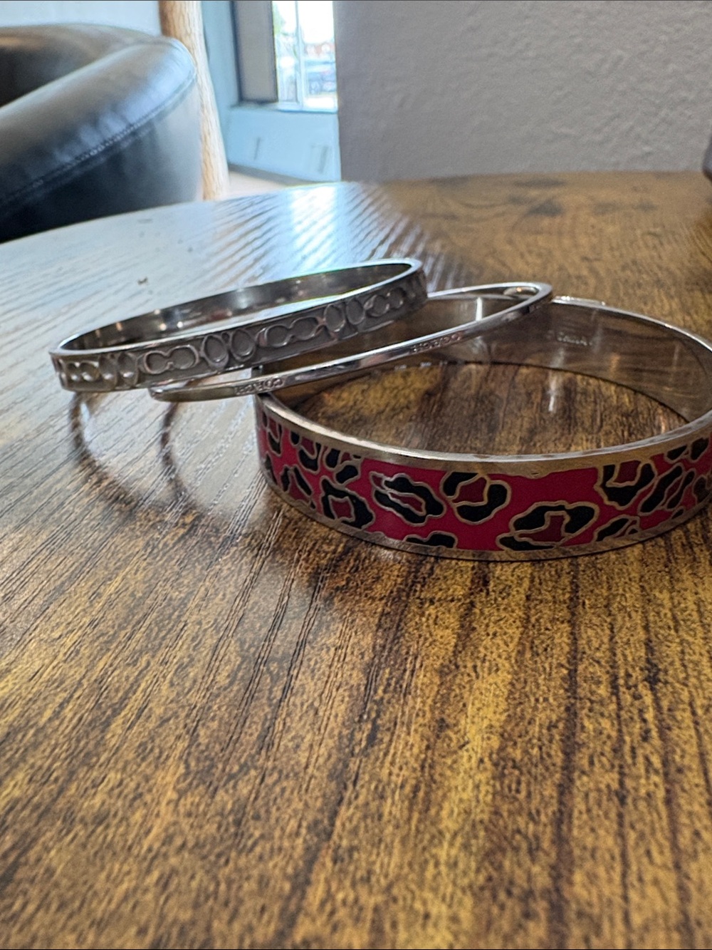Coach Silver-Tone and Pink Leopard Print Bangle Bracelet Set